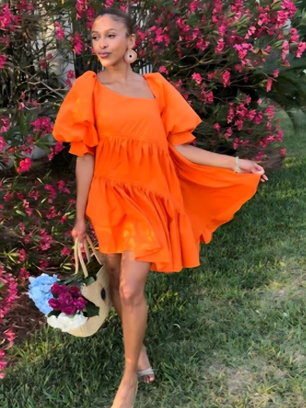 City Chic Bright Orange Puff-Sleeve Tiered Mini Dress